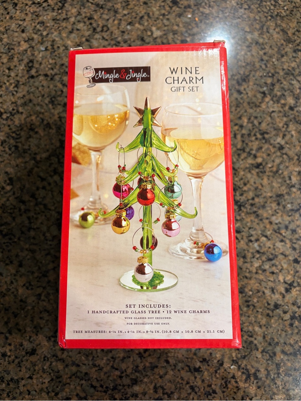 Green Glass Christmas Tree Wine Charm Gift Set NEW